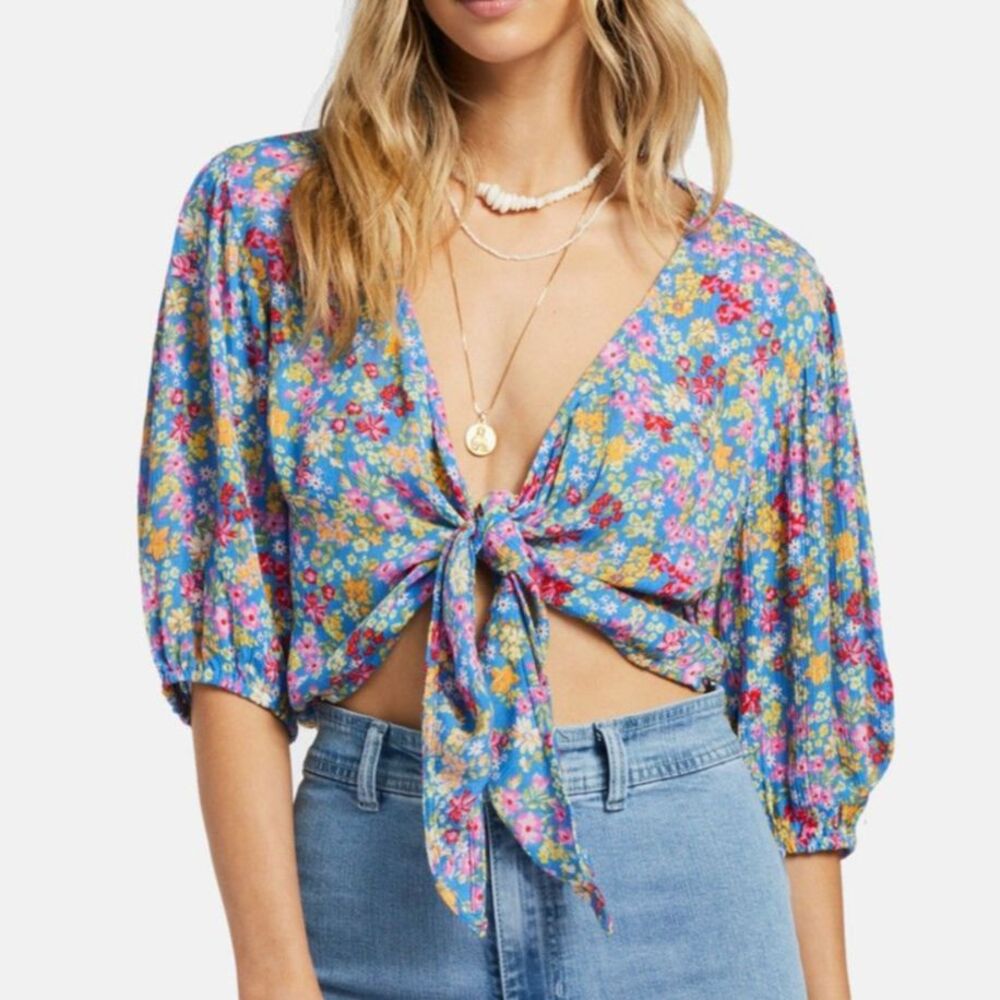 NWT Billabong Bimbo As You Wish Blue Floral Tie Front Crop Top Y2K Beach Boho